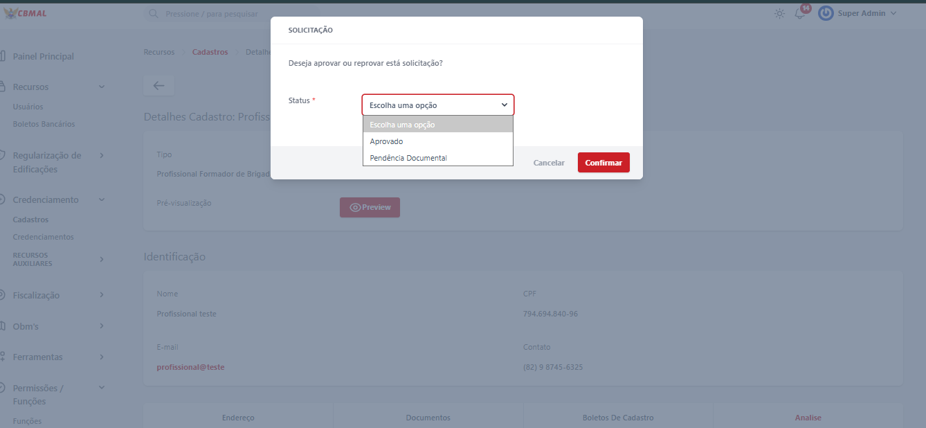 Modal Aprovação ou Correção