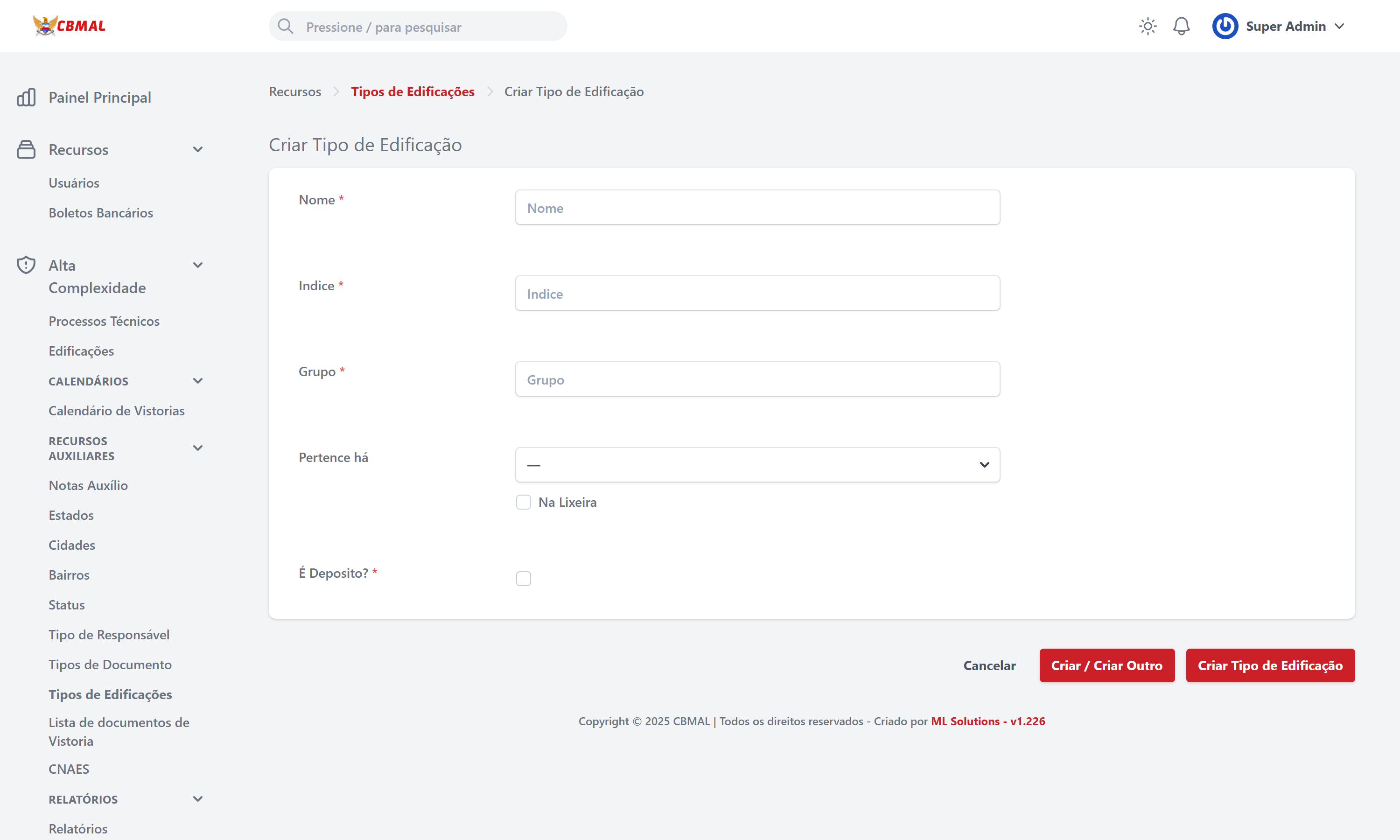 Criar Tipo de Edificação