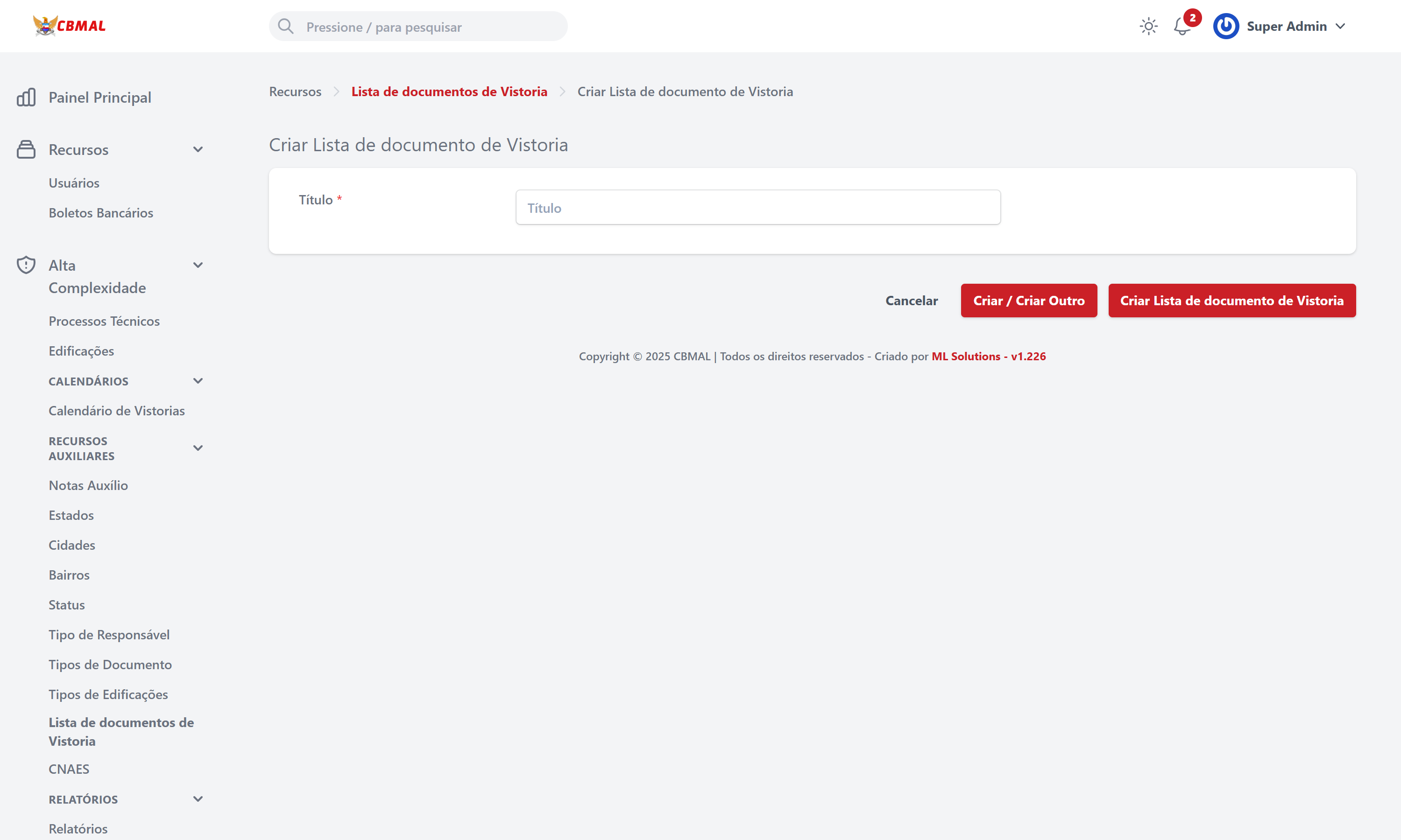 Criar Lista de Documentos de Vistoria
