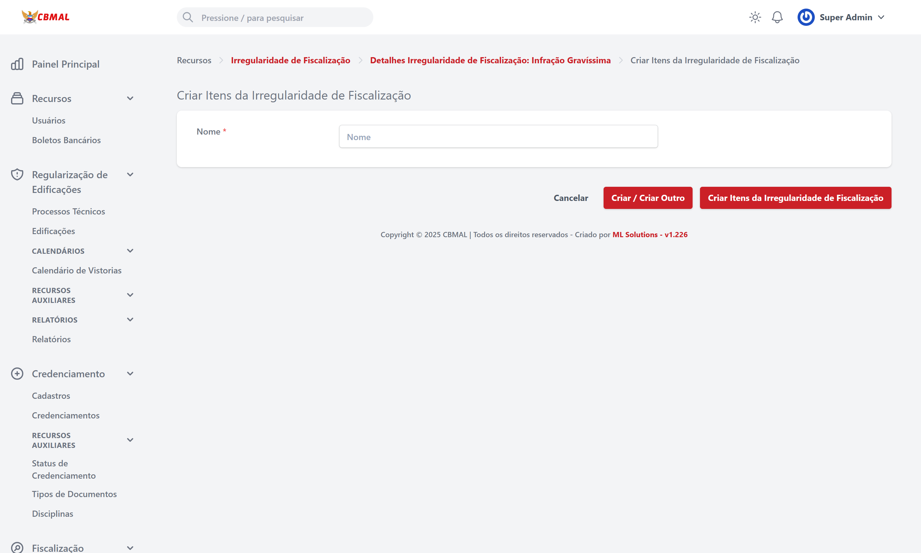 Criar Item da Irregularidade