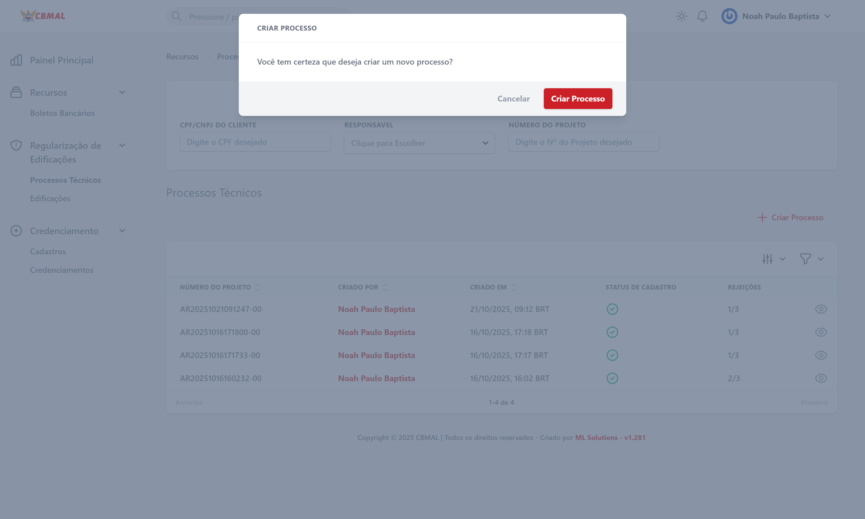 Modal Criar Processo