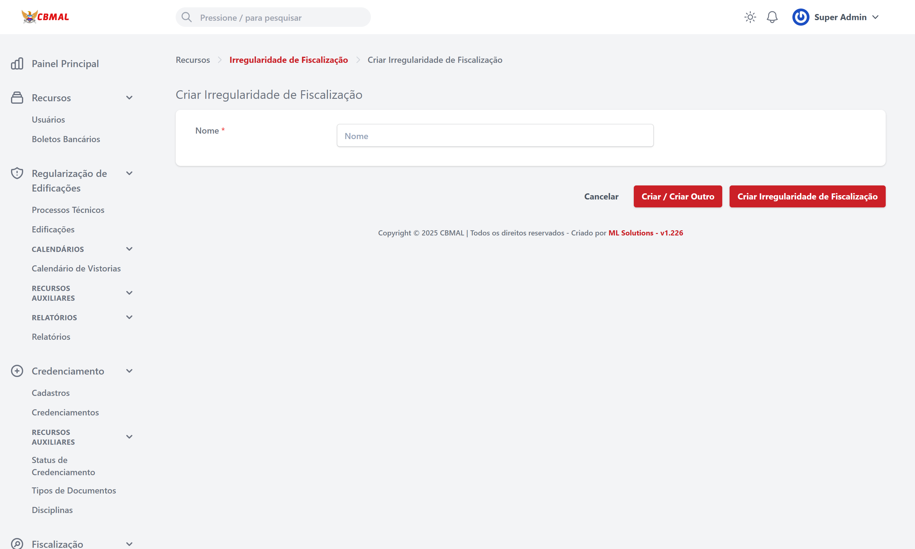 Criar Irregularidade de Fiscalização