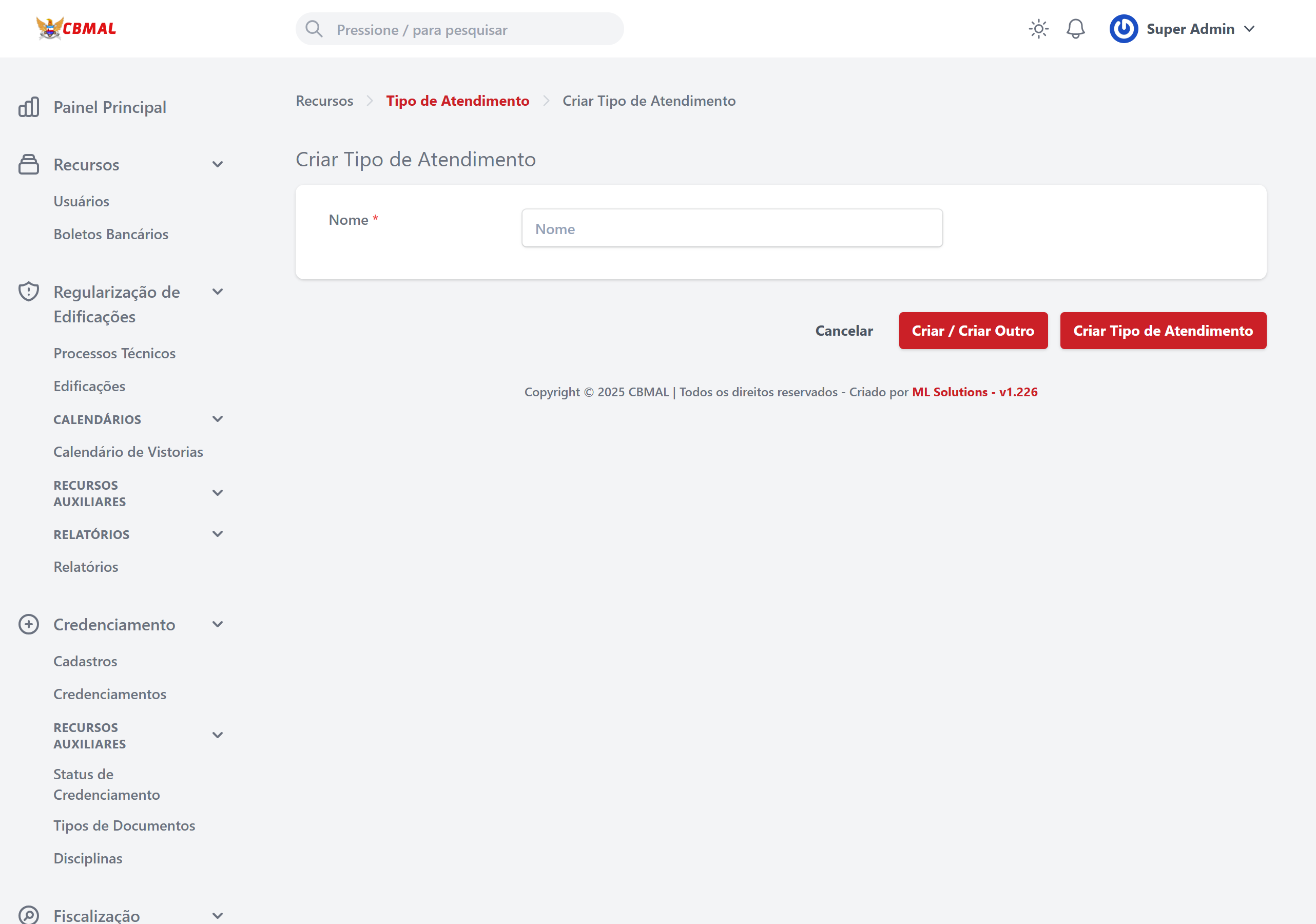 Criar Tipo de Atendimento