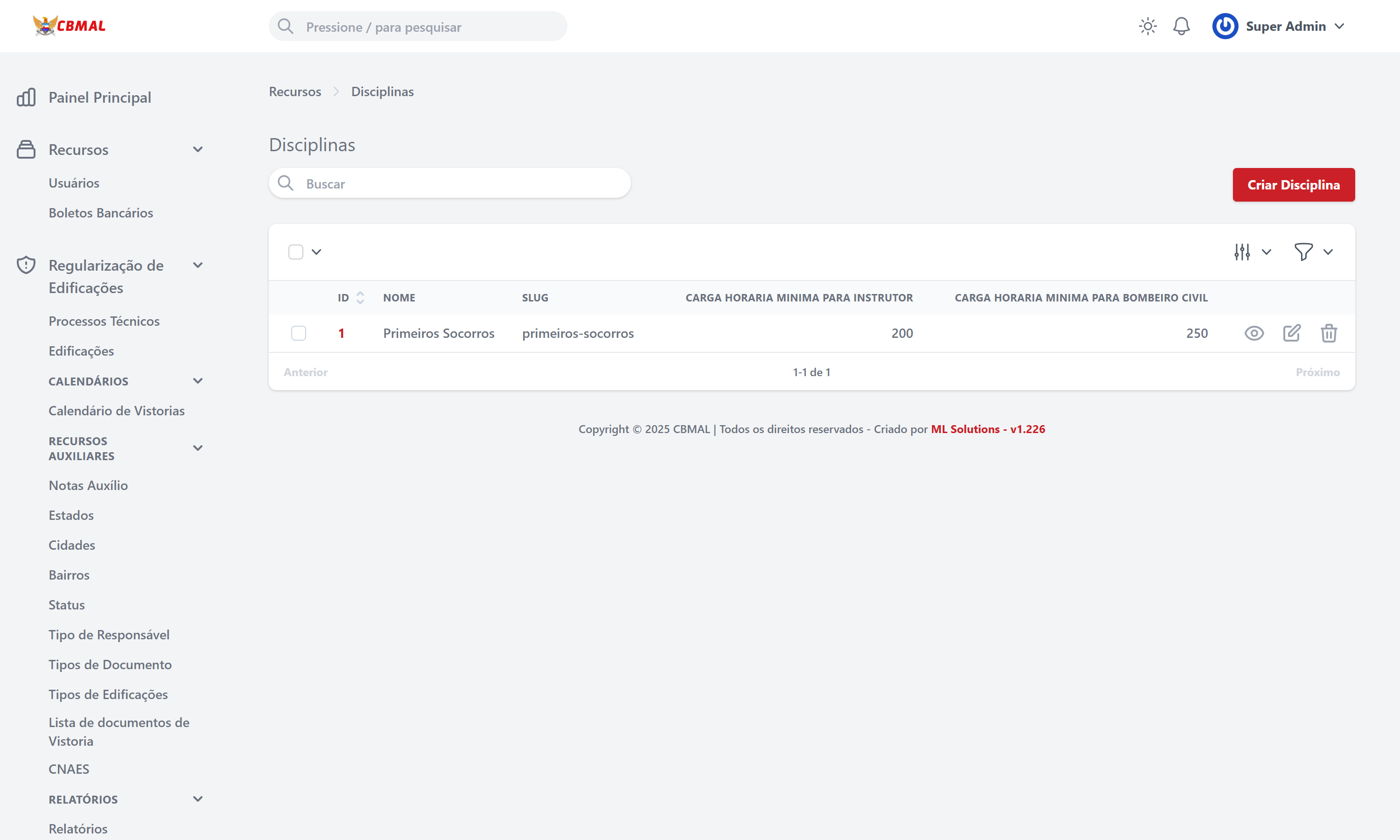 Listagem de Disciplinas