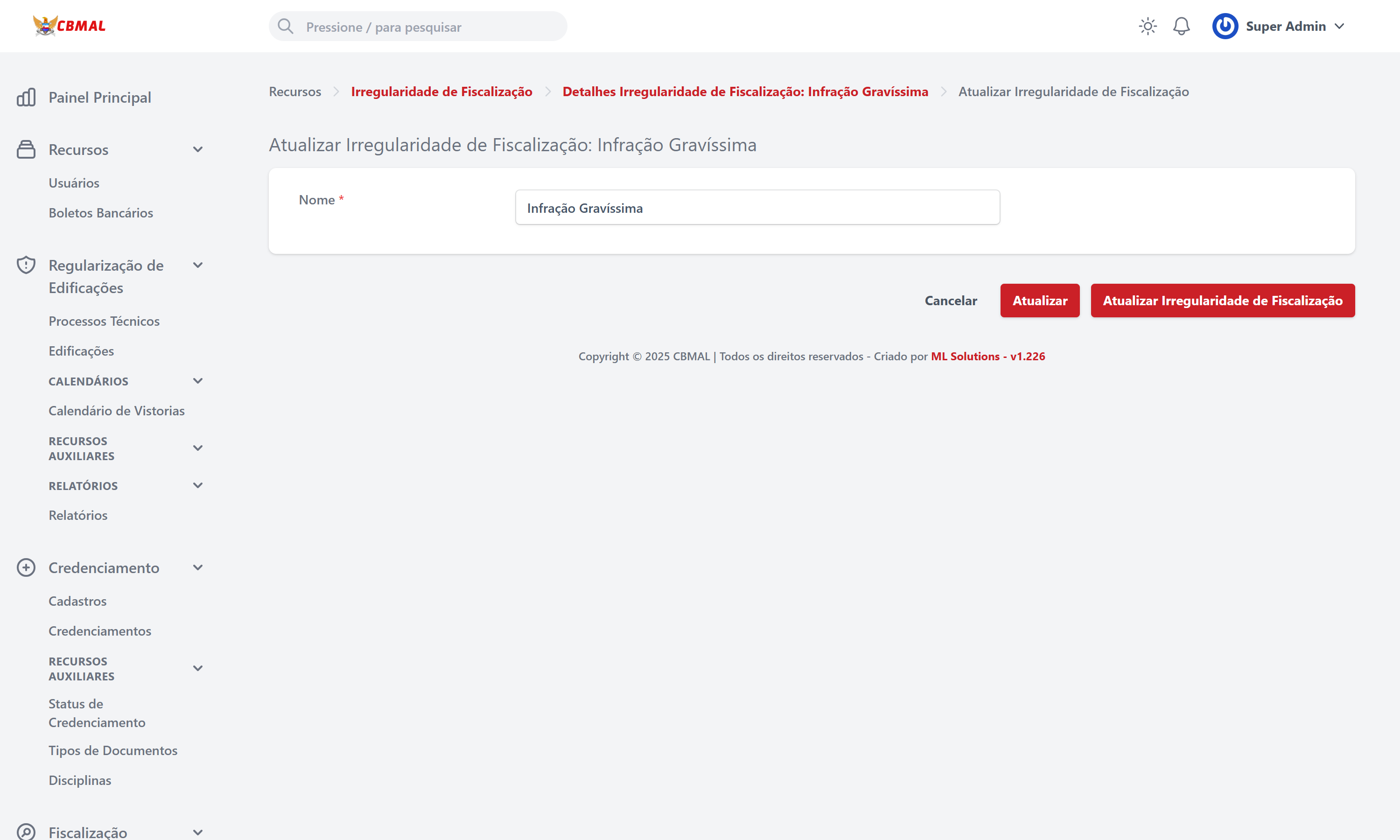 Editar Irregularidade de Fiscalização