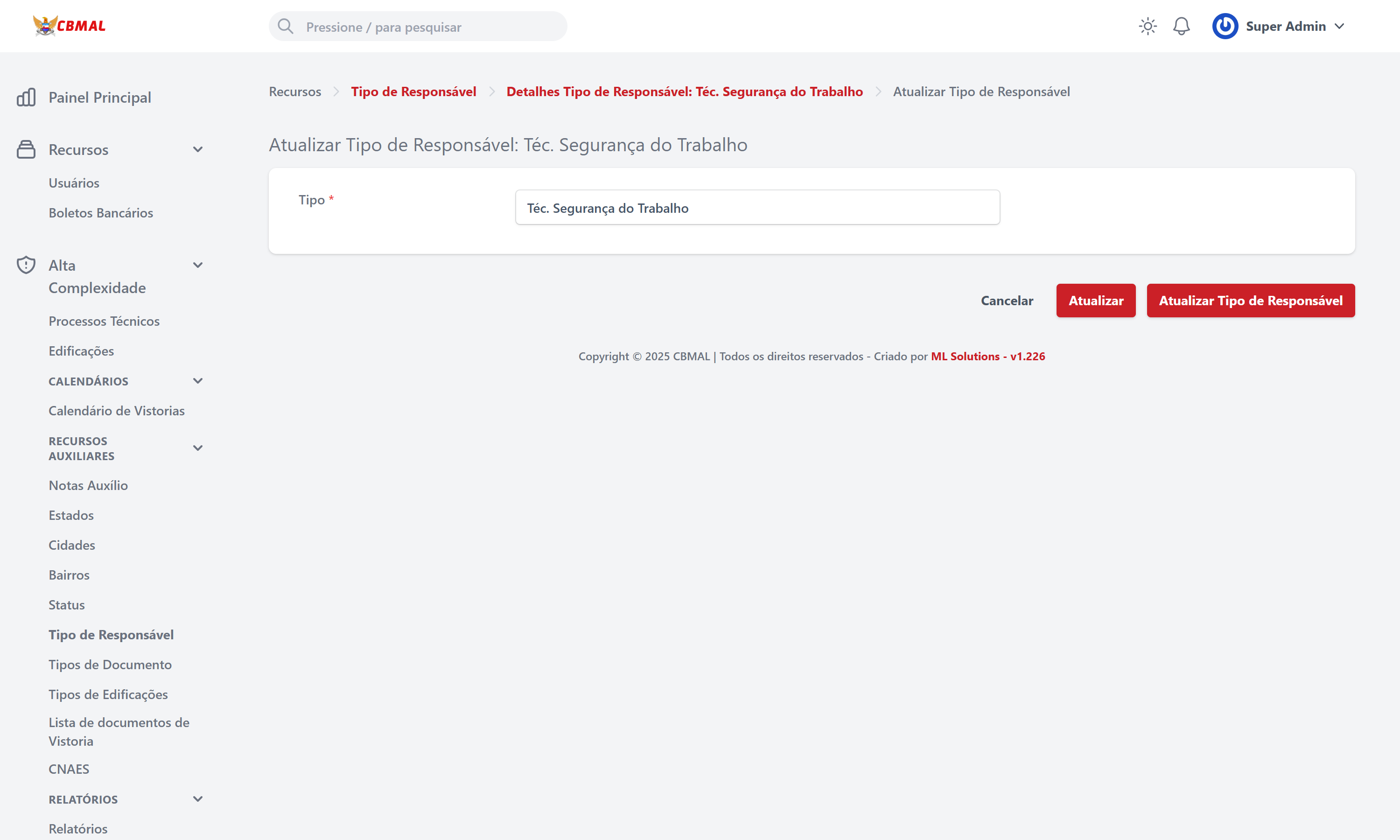 Editar Tipo de Responsável