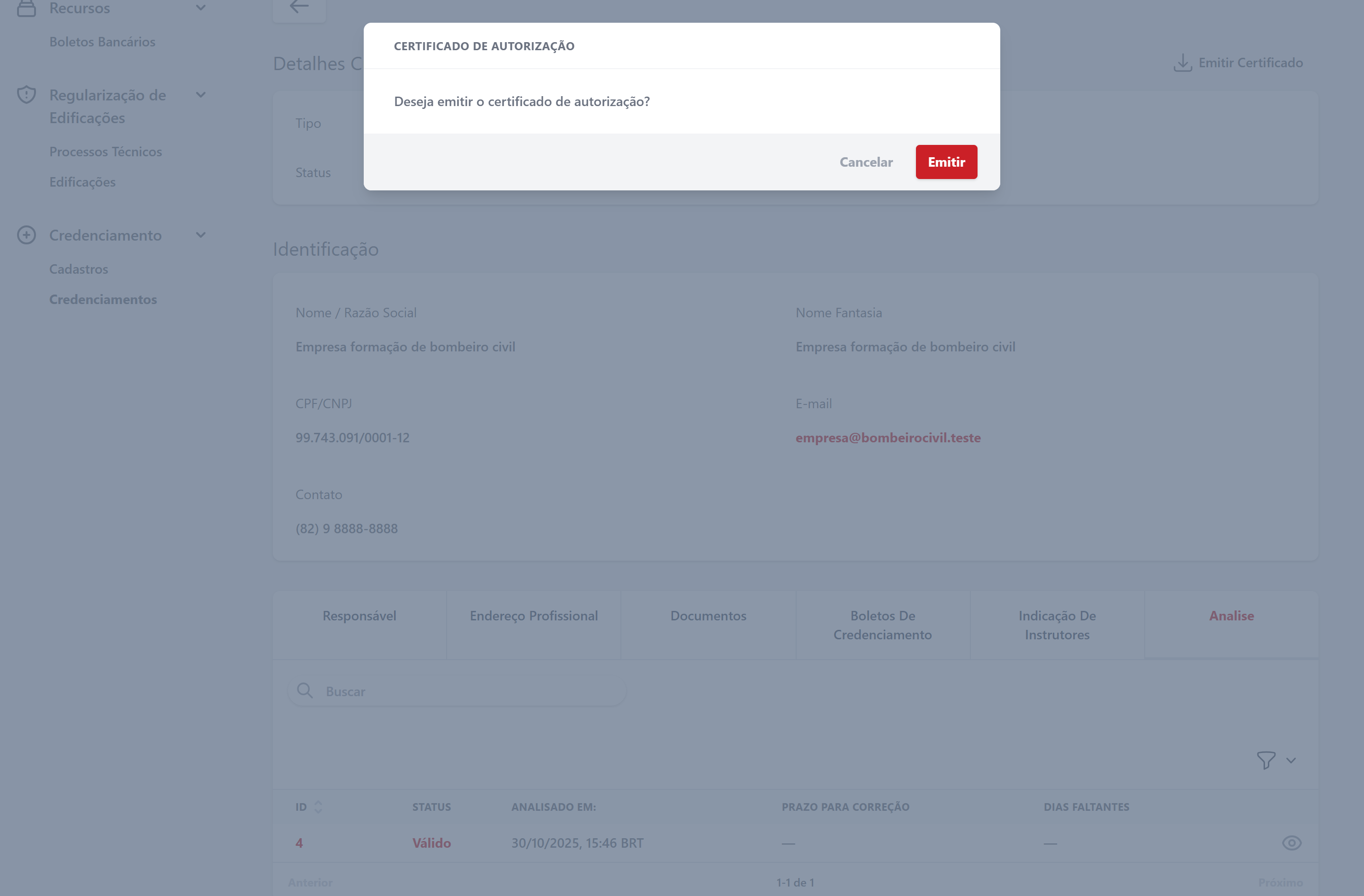 Emissão do certificado
