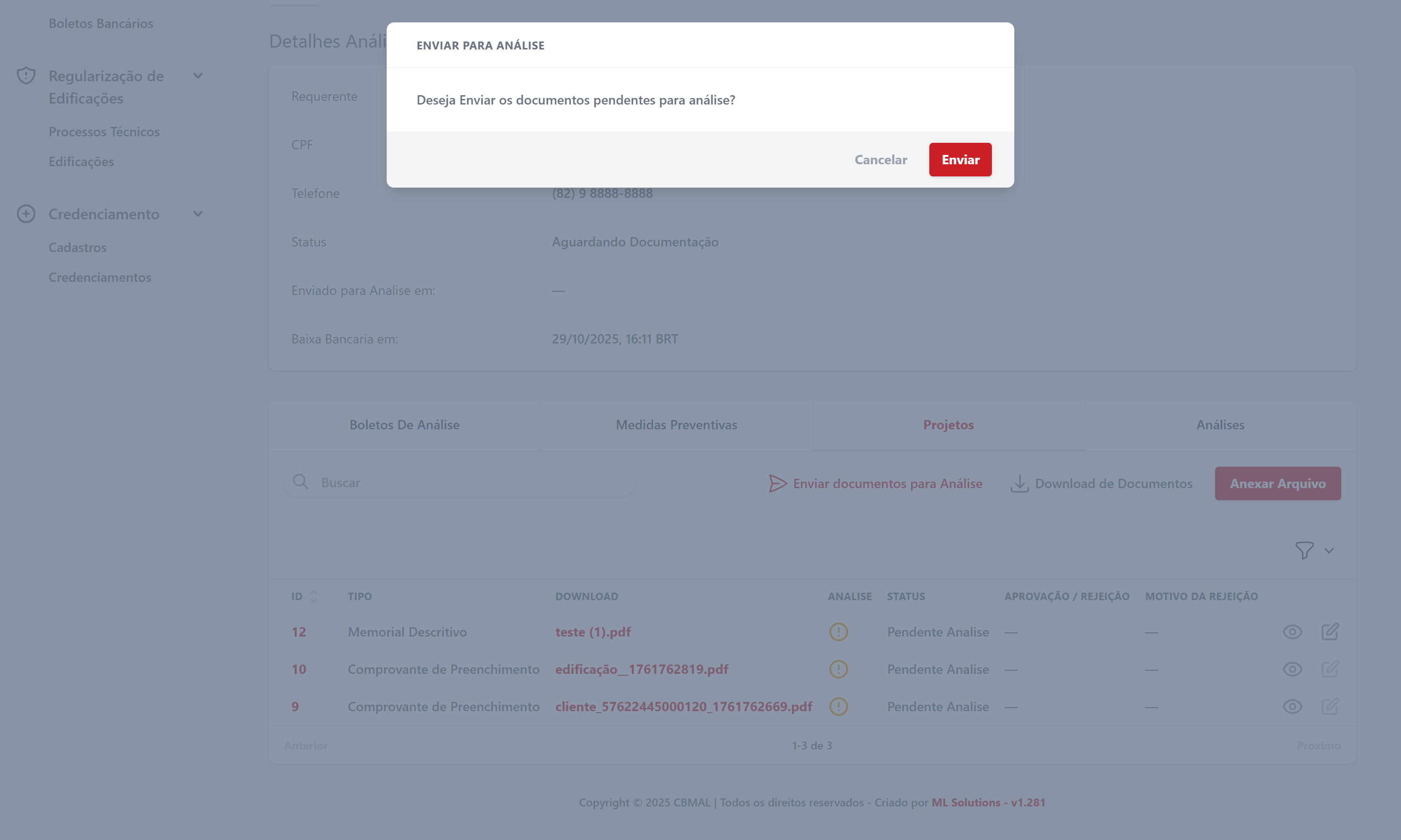 Modal Enviar para Análise