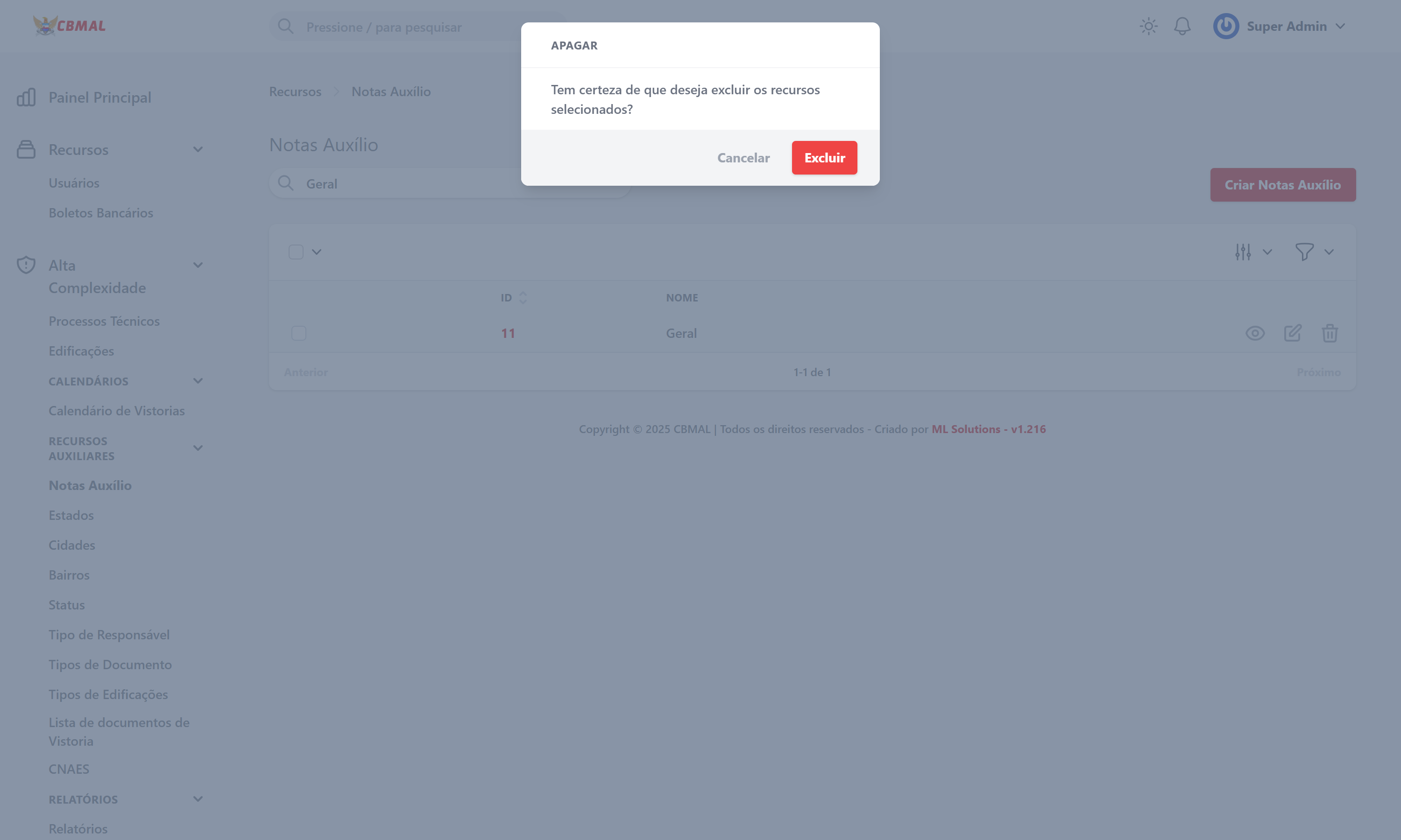 Excluir Notas Auxílio