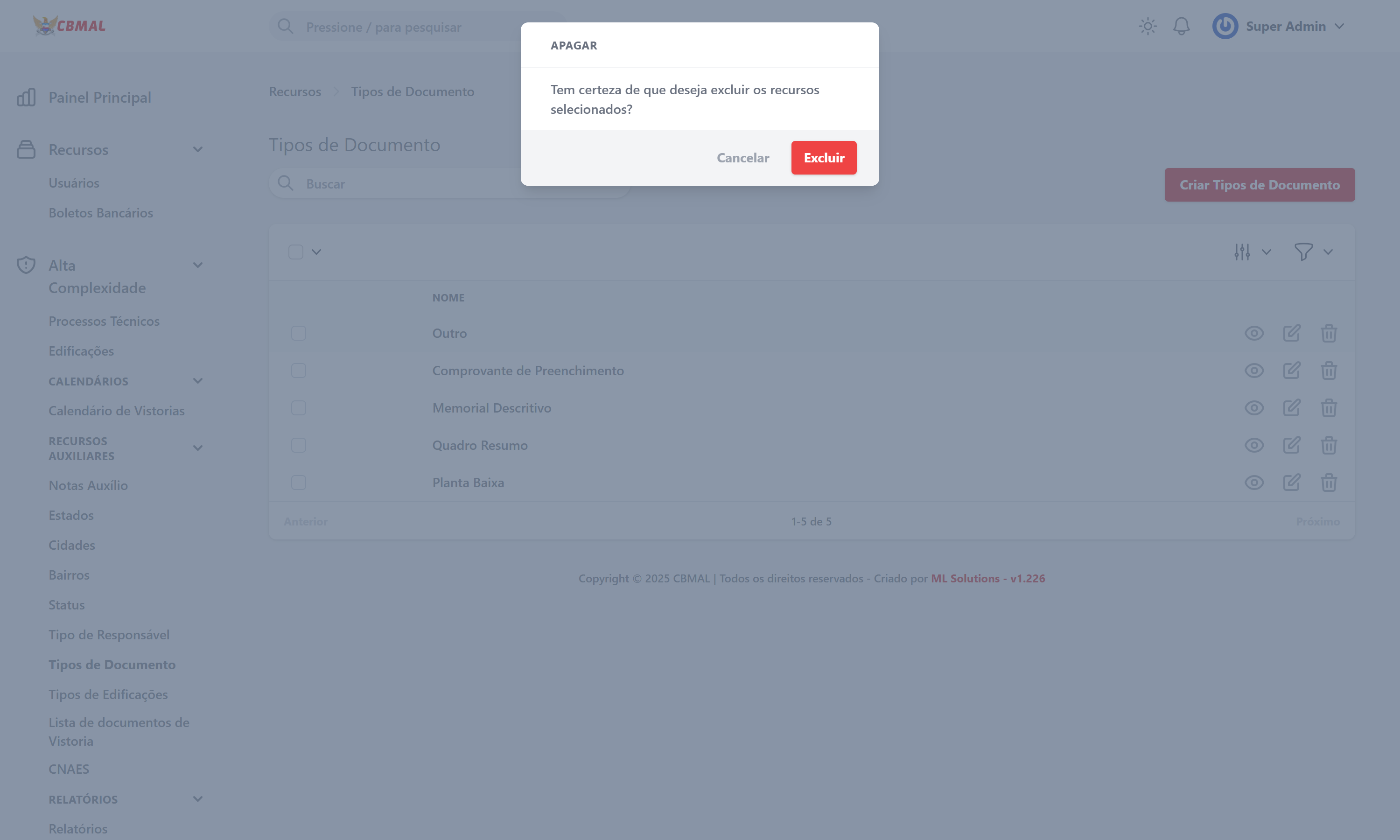 Excluir Tipo de Documento