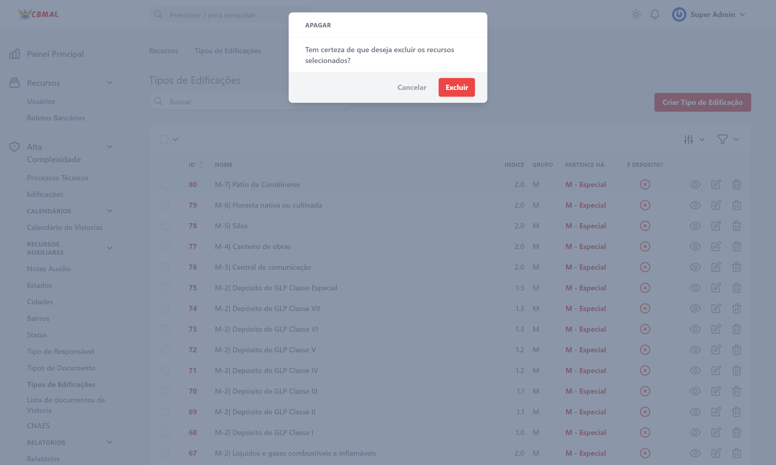 Excluir Tipo de Edificação