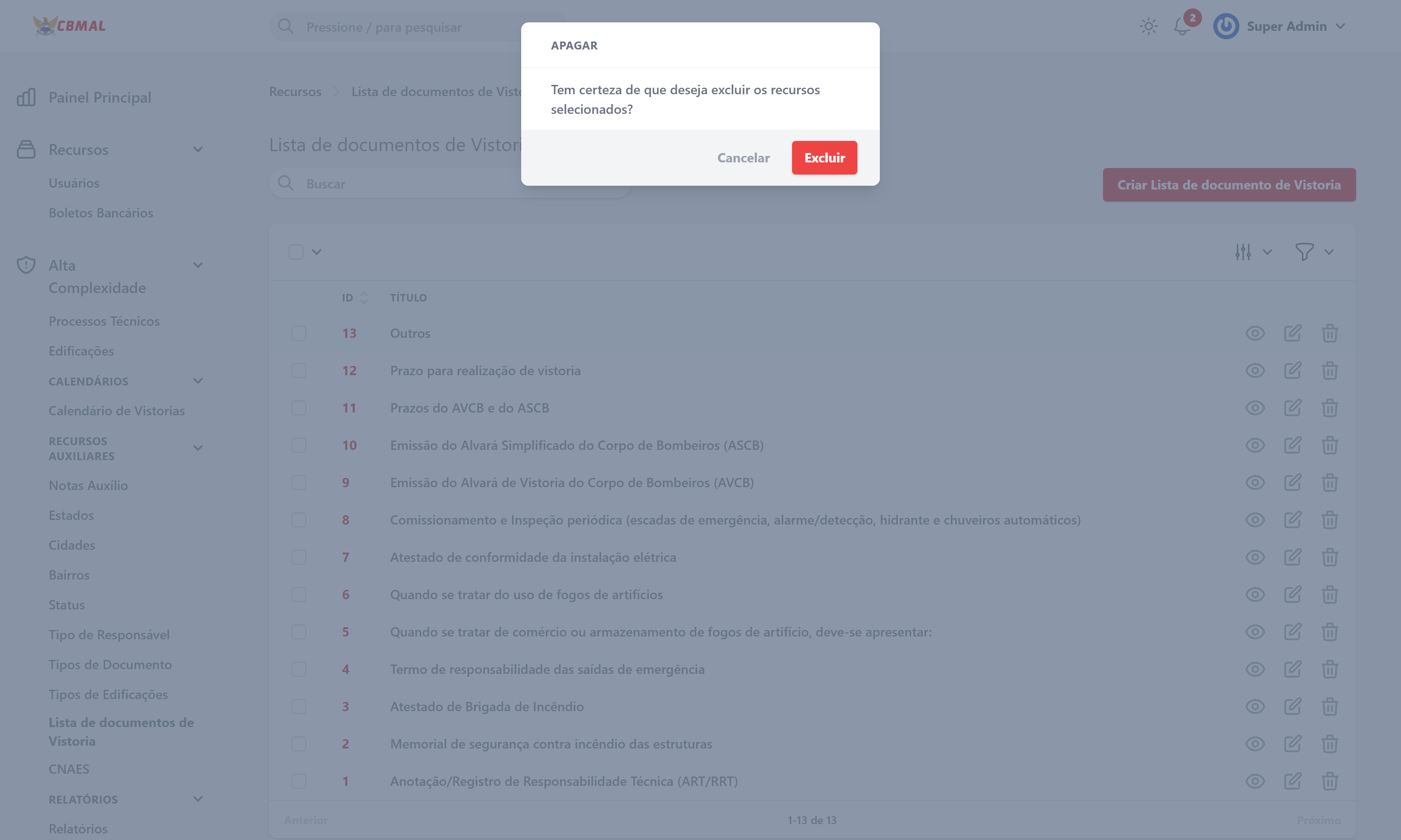 Excluir Lista de Documentos de Vistoria