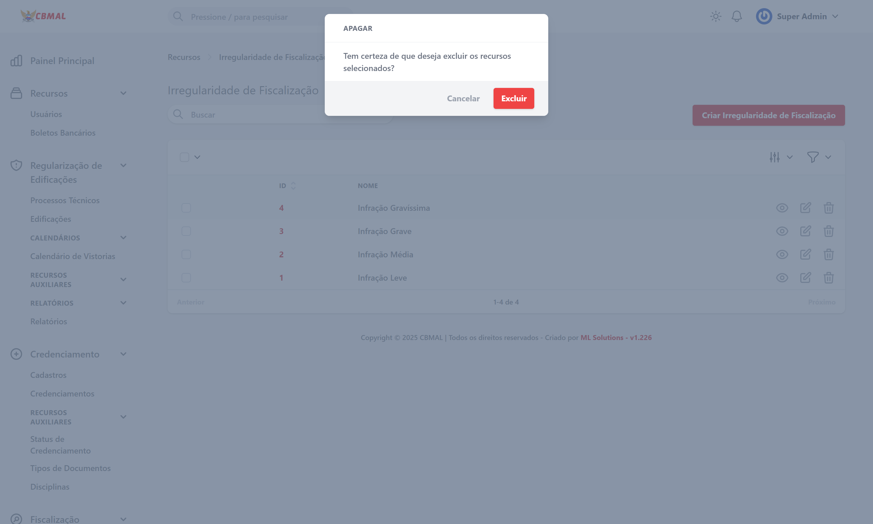 Excluir Irregularidade de Fiscalização