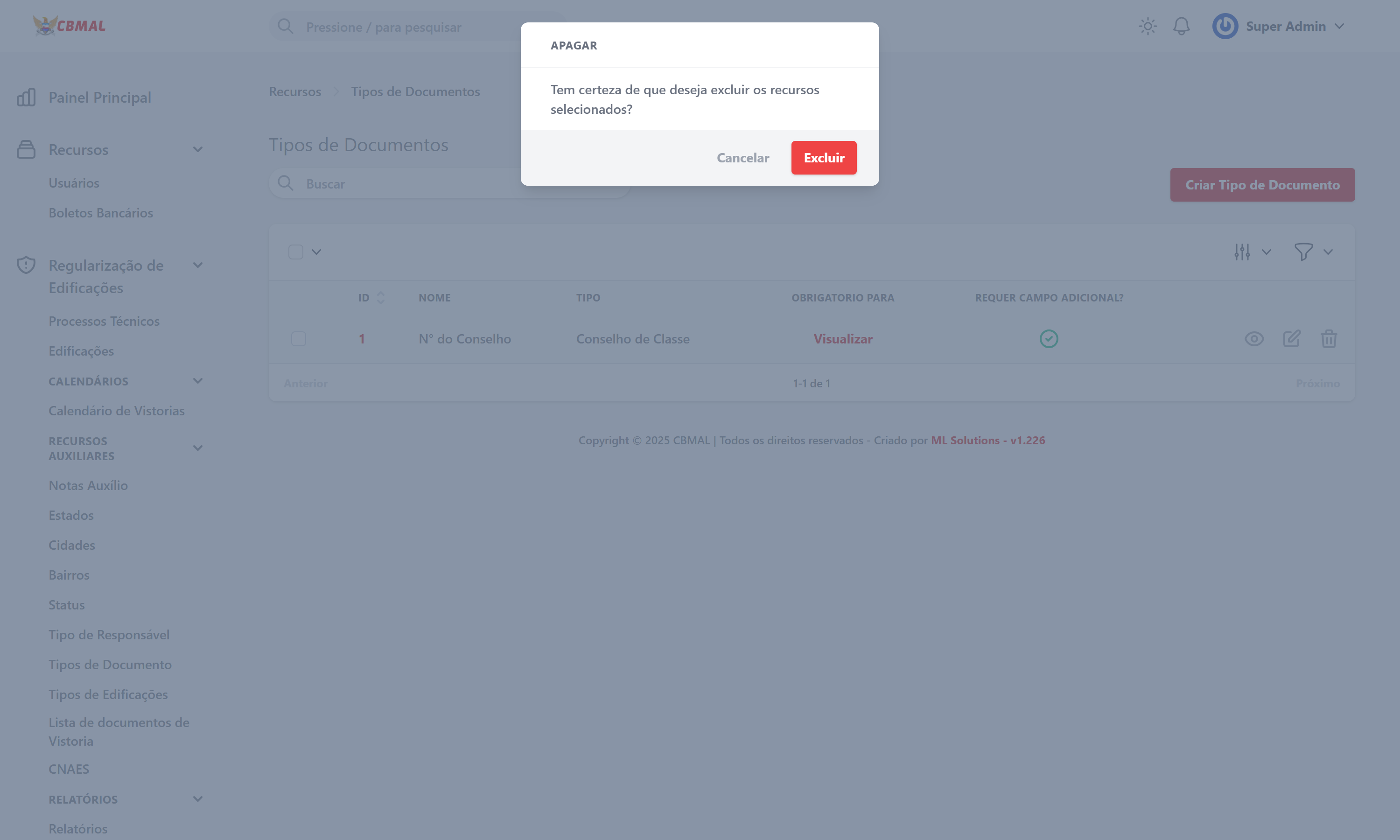 Excluir Tipo de Documento