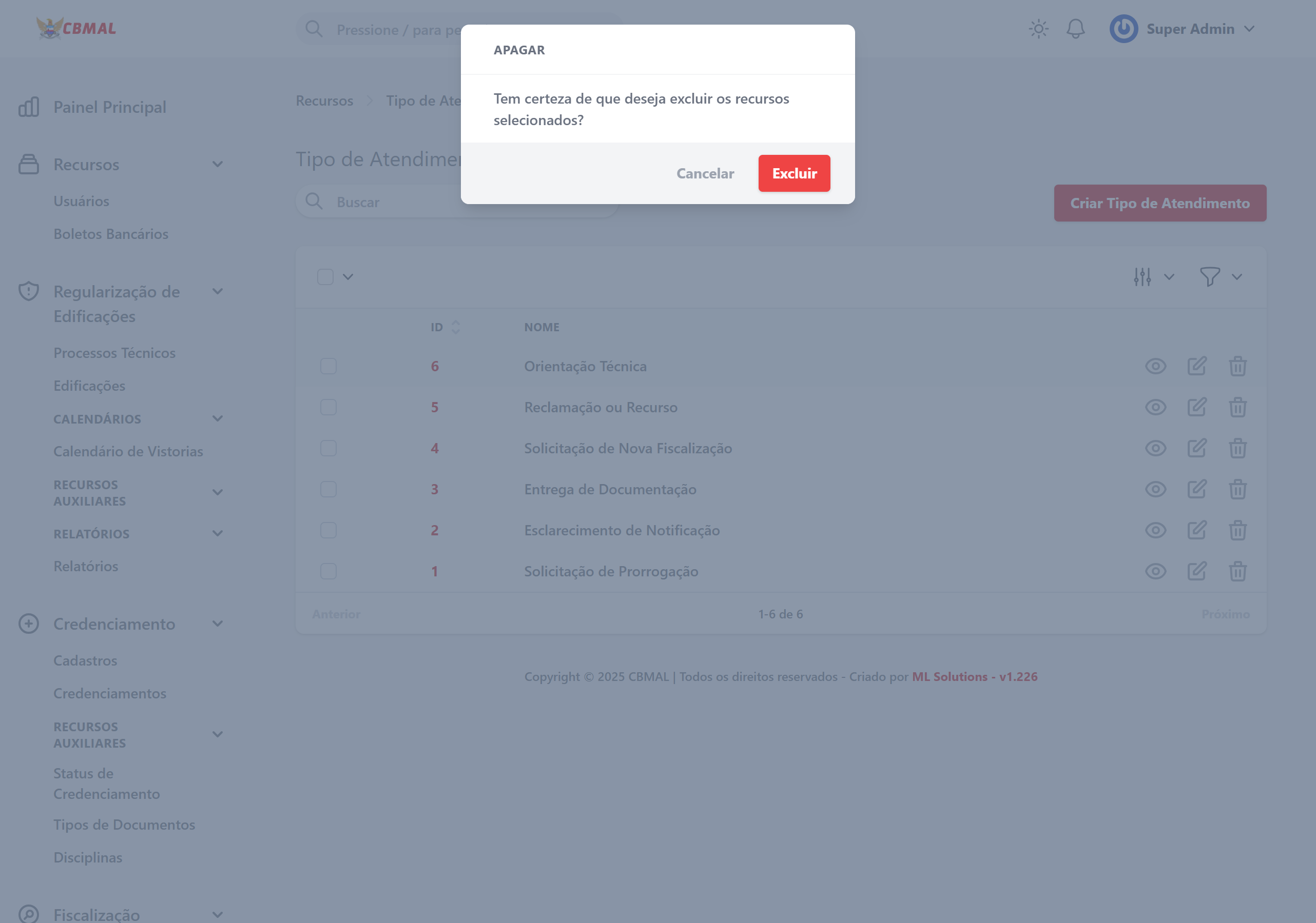 Excluir Tipo de Atendimento