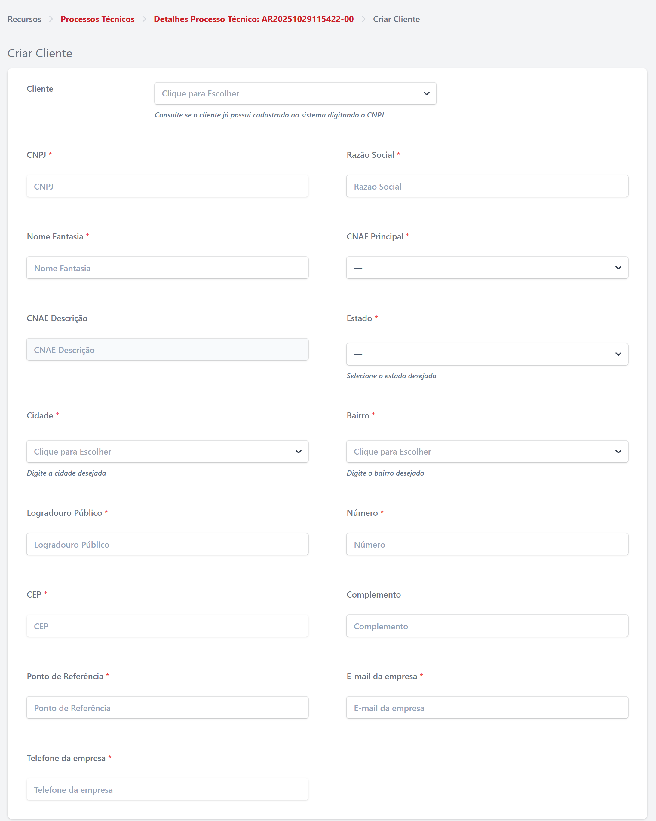 Formulário do Cliente