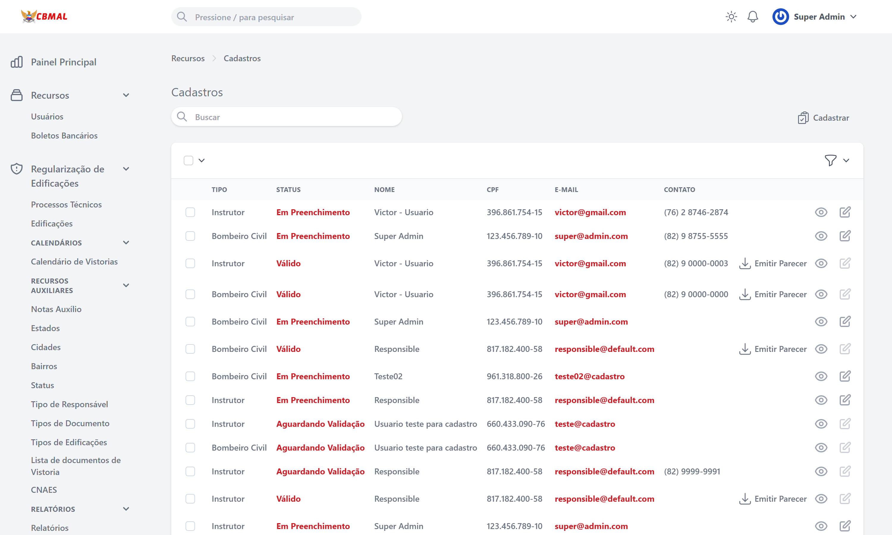 Listagem de cadastro