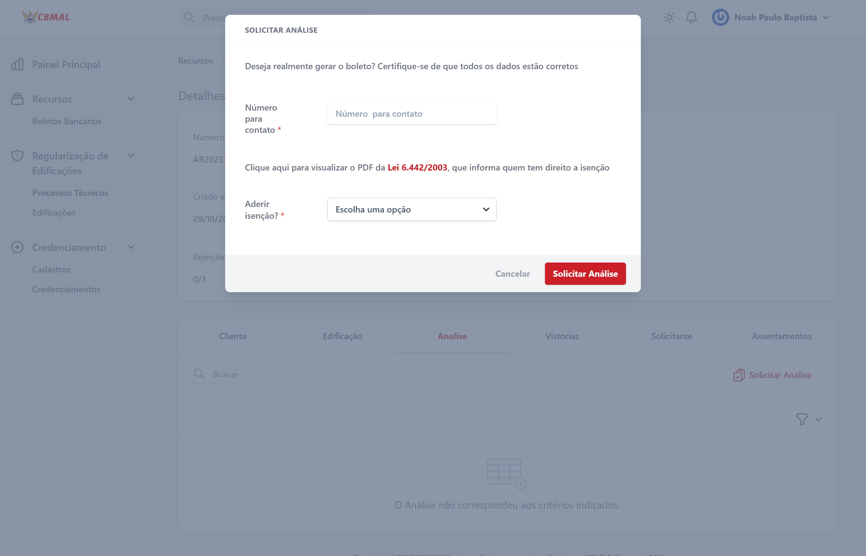 Modal Solicitar Análise