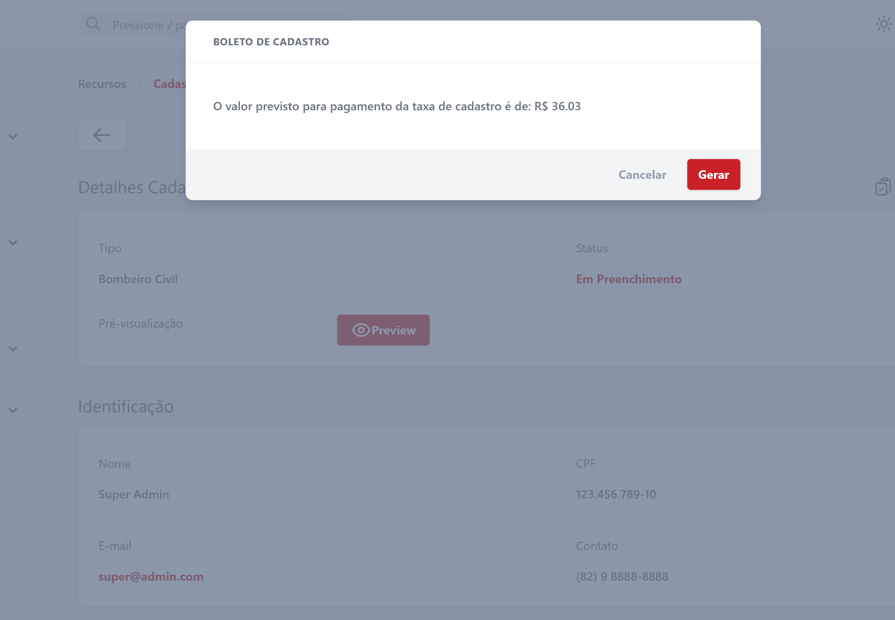 Aba Boletos de Cadastro