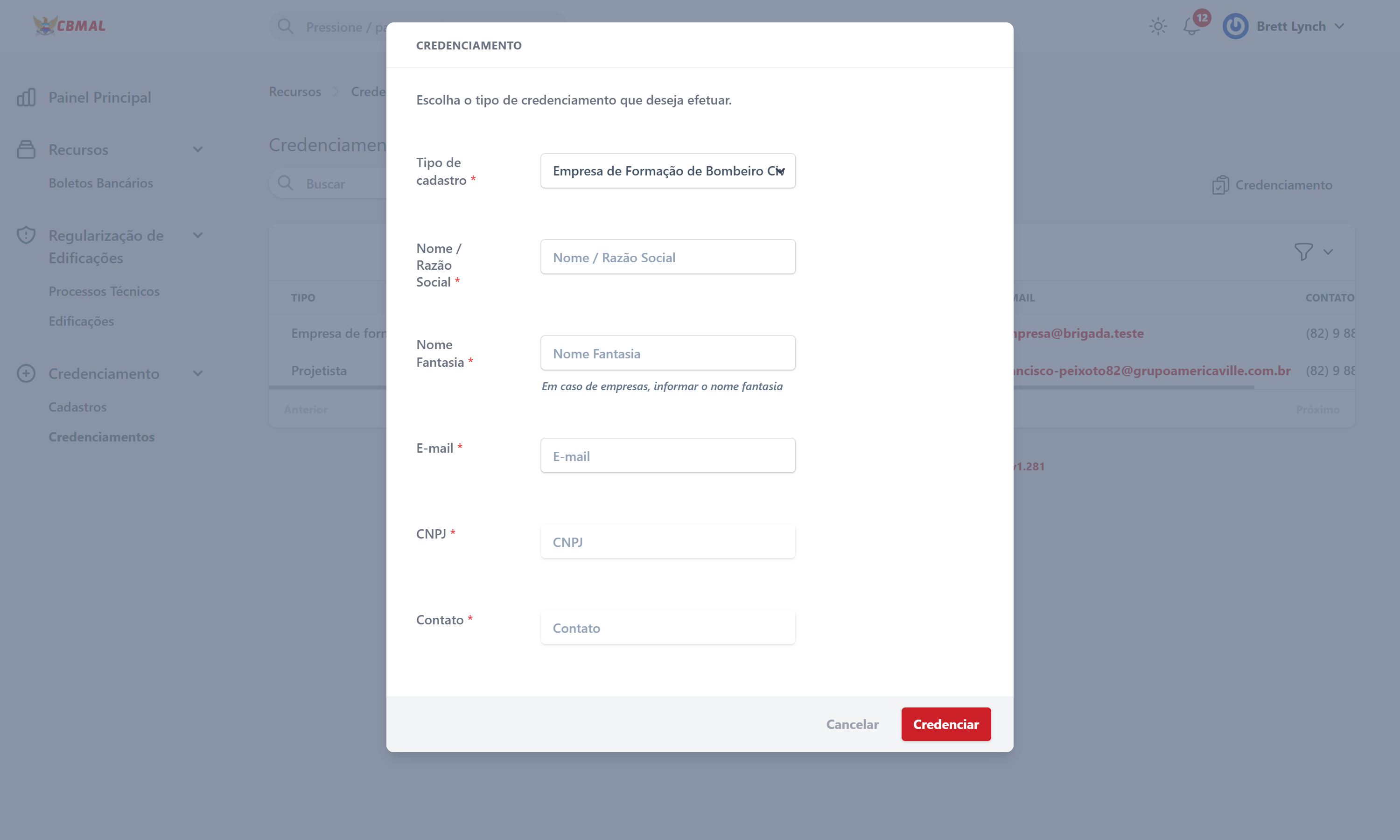 Modal de credenciamento