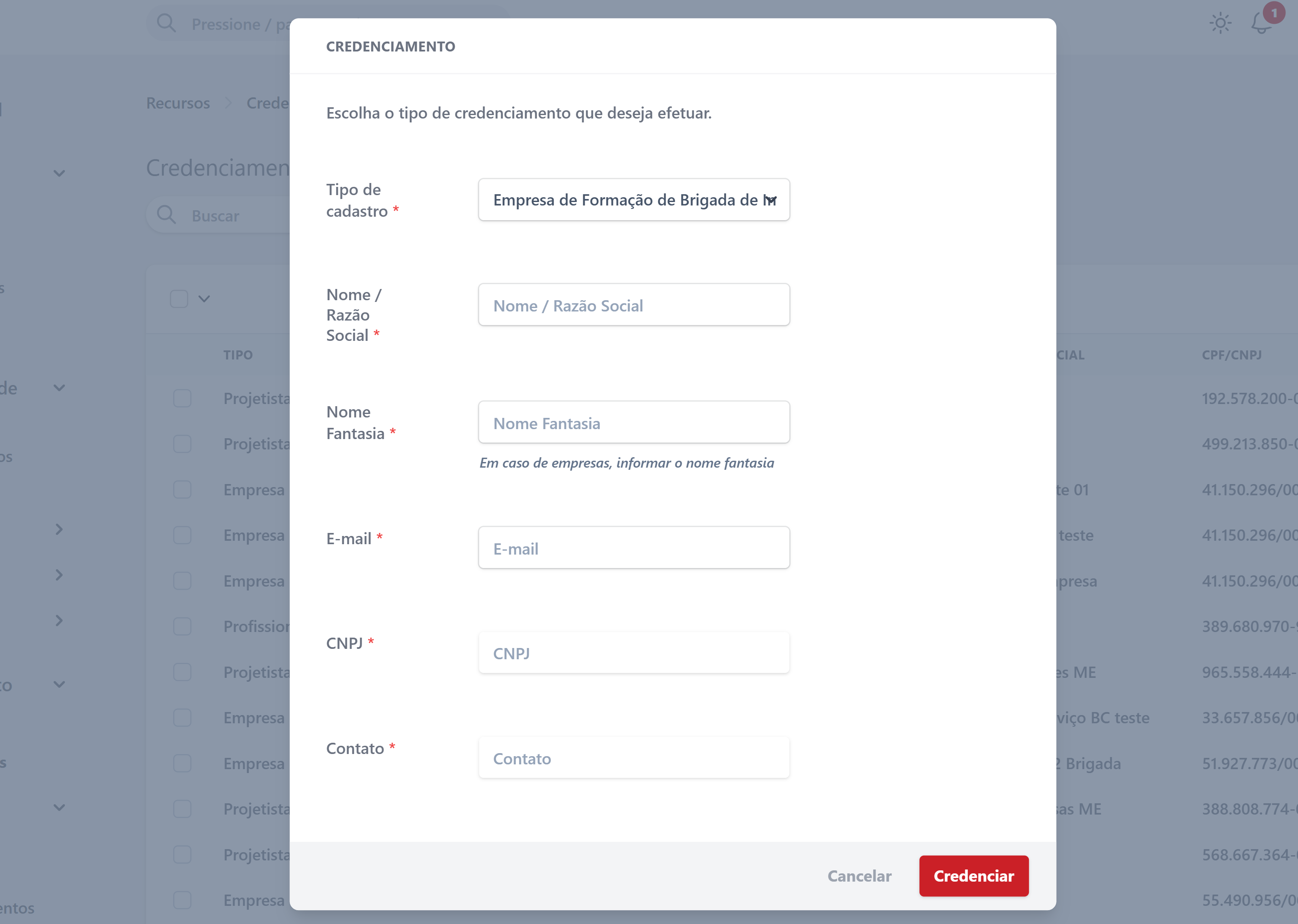Modal de
Credenciamento