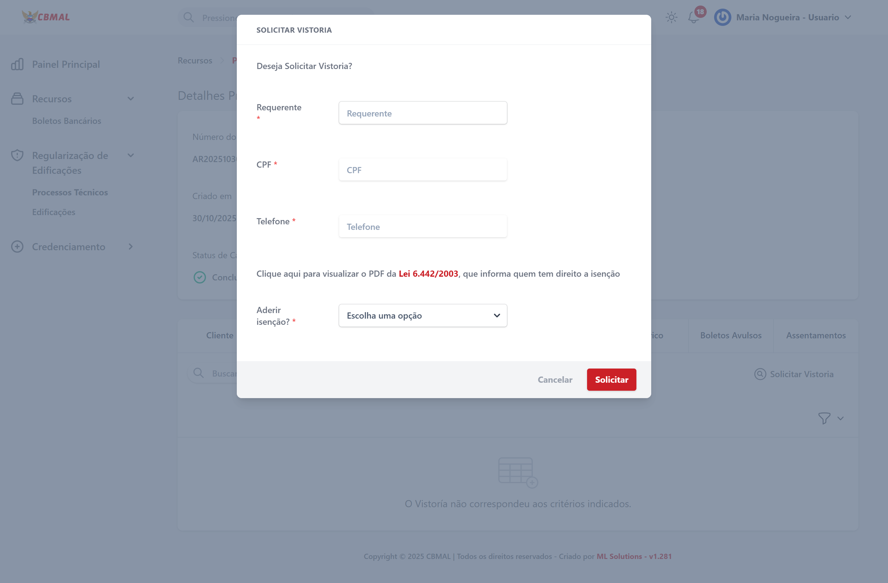 Modal de solicitação