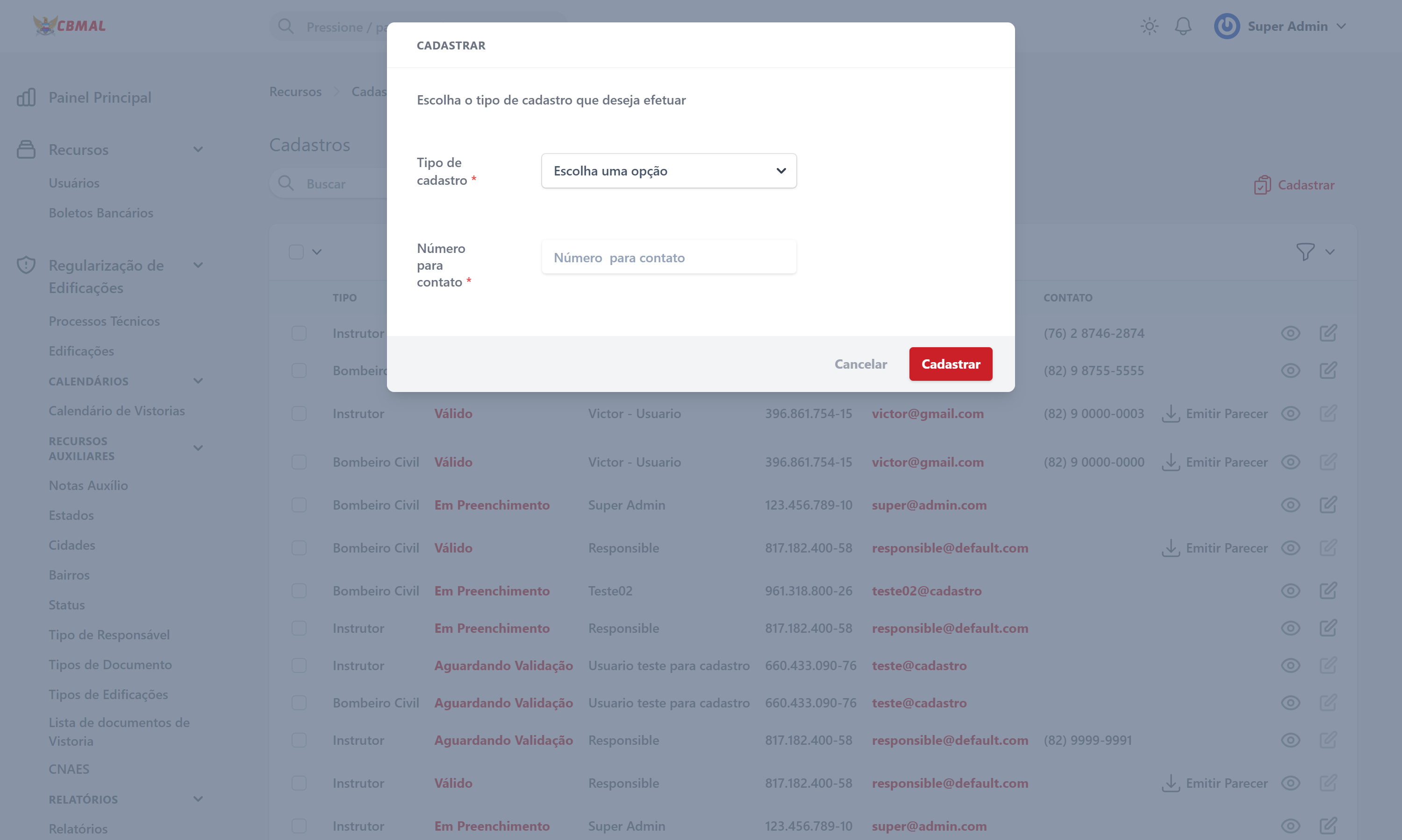 Criação do cadastro