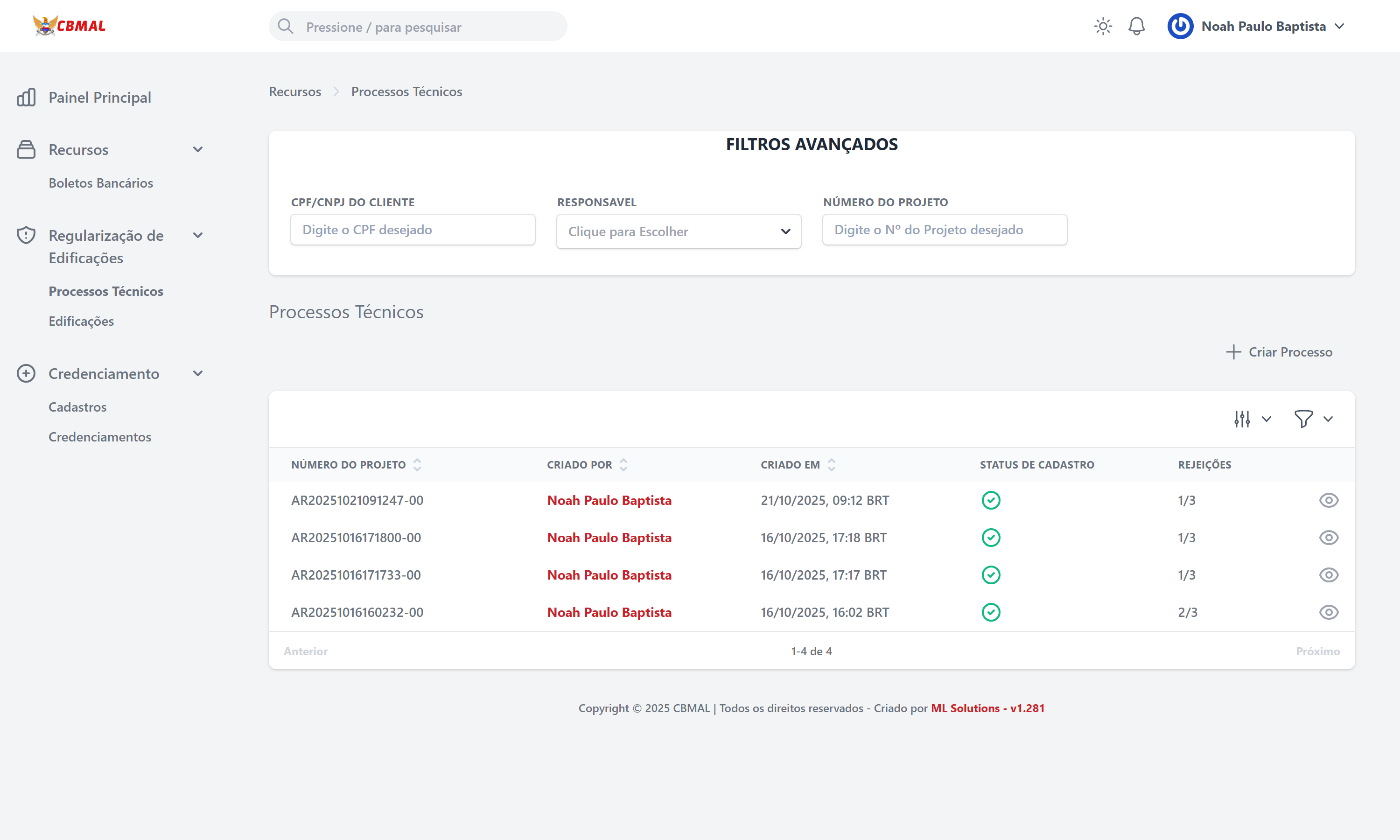 Página inicial de Processos Técnicos