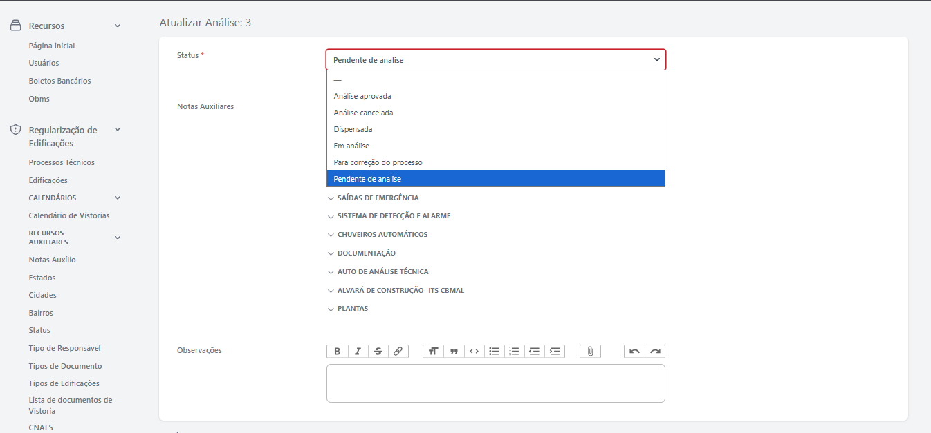 Seleção de Status da Análise