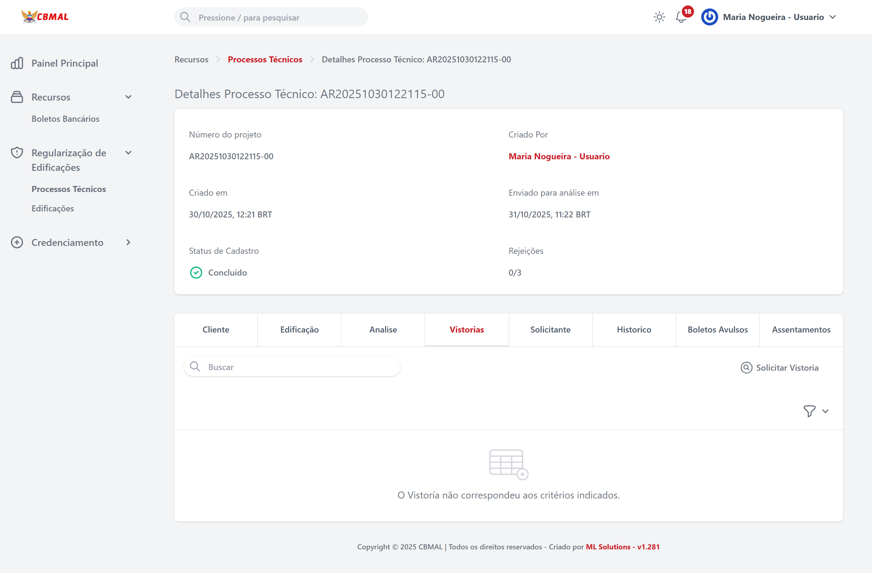 Solicitação de vistoria