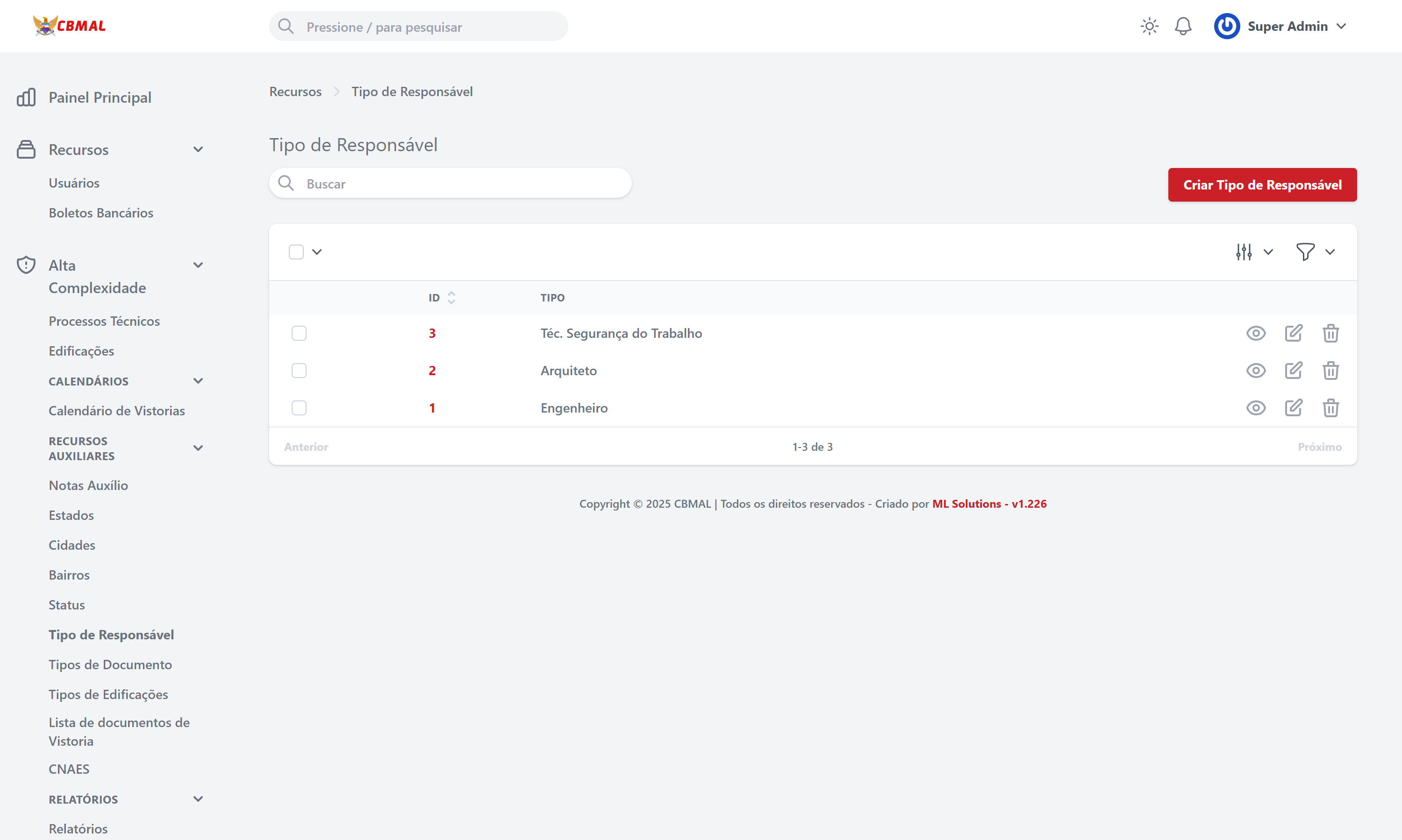 Listagem de Tipos de Responsável